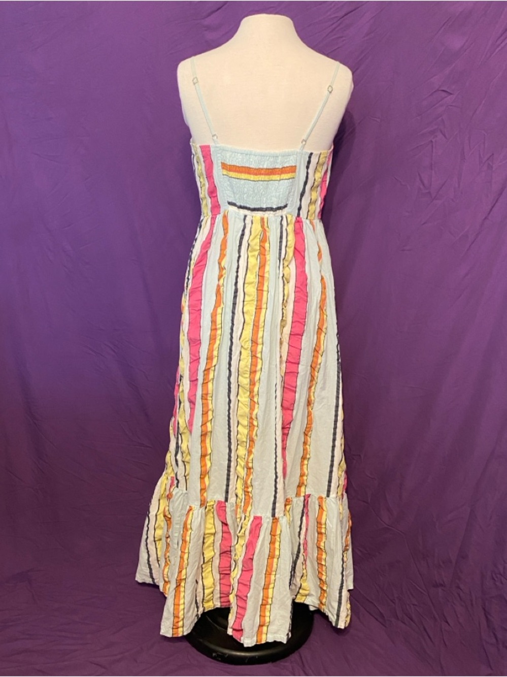 J. Crew Striped Ruffle Maxi Dress in Blue/Pink/Yellow/Orange. Size 10. - Picture 3 of 6